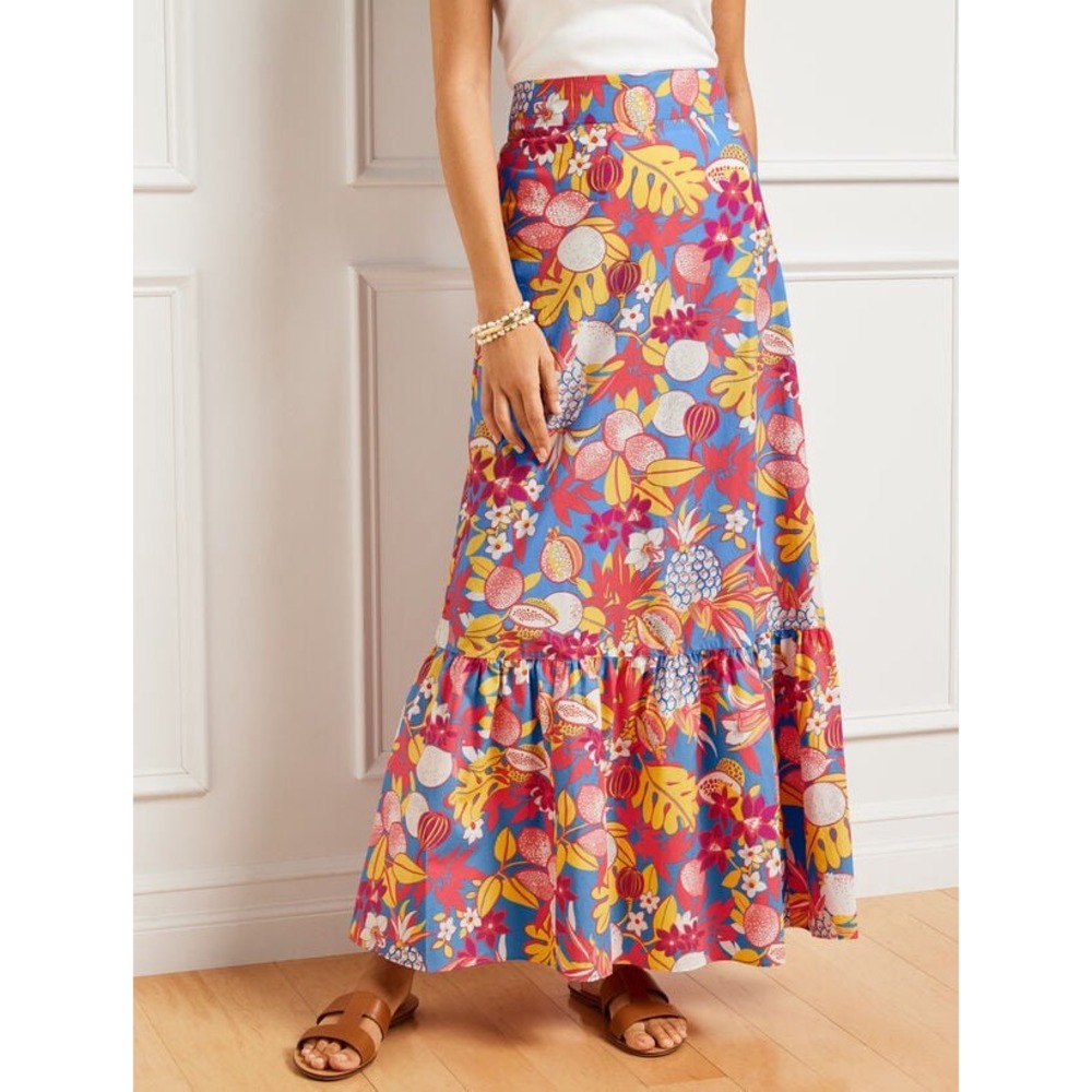 Talbots Fruits Flowers Poplin Tiered Maxi Skirt Womens Small Tropical Tiered